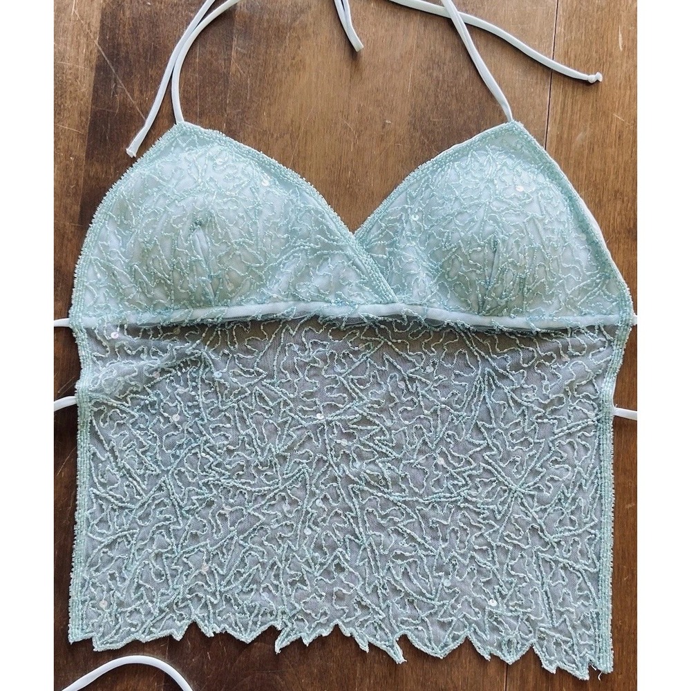 Vintage 90s Passport Blue Beaded Halter Top S Backless Mesh Whimsigoth Festival